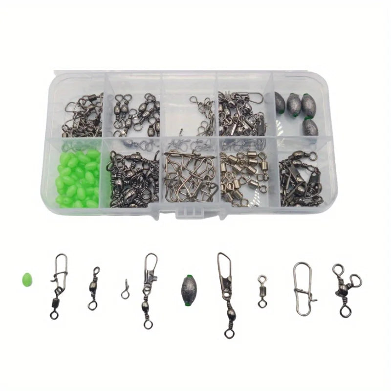 150Pcs fishing connector set, quick change spinner, egg lead, luminous beads