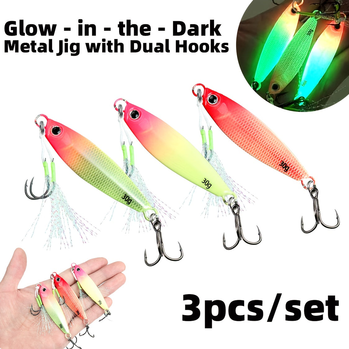 1set Glow-in-the-Dark Metal Jig Mixed Color Set, Saltwater Freshwater Fishing Bait with Realistic Scales and Silicone Skirt, Suitable for Night Fishing, Saltwater, Freshwater Bass, etc
