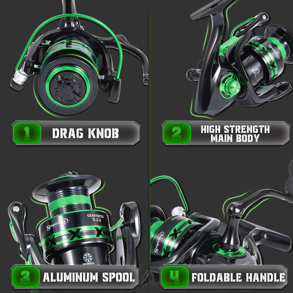 [1.8M/2.1M Fishing Combo] Sougayilang 1.8M/2.1M Fishing Rod & Reel Combo | Durable Resin, Ambidextrous, Moderate Action | 5.2:1 Drag Ratio Spincasting Set for Freshwater & Saltwater, Colorful Rods with Black Handles, Ergonomi