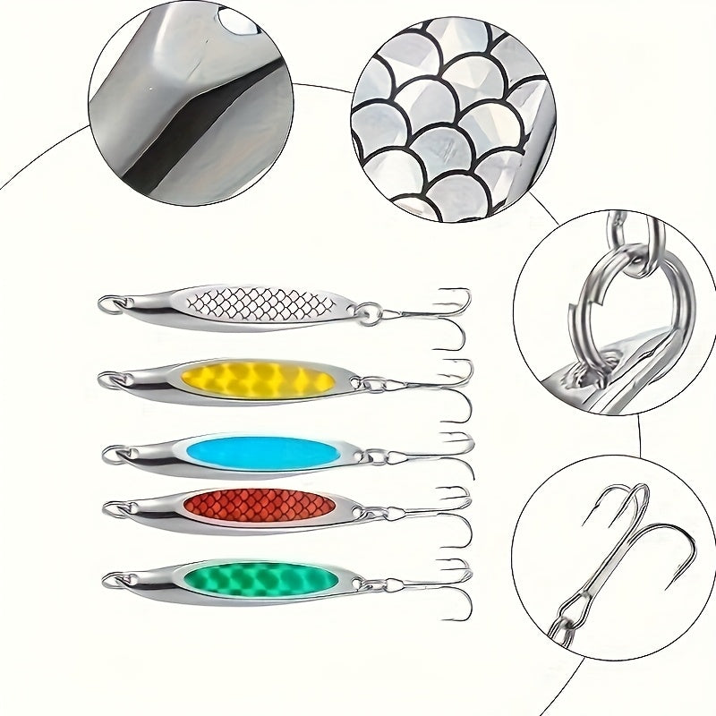 5pcs of Diagonal Cut Sequin Glitter Bait, Iron Plate Metal Sequin Bait with Three Hooks, Suitable for Shore Long-Distance Lure Hard Bait, Suitable for Bass, Trout, Etc, Bass Fishing, Fishing Lures, Spectacular Color, Action P