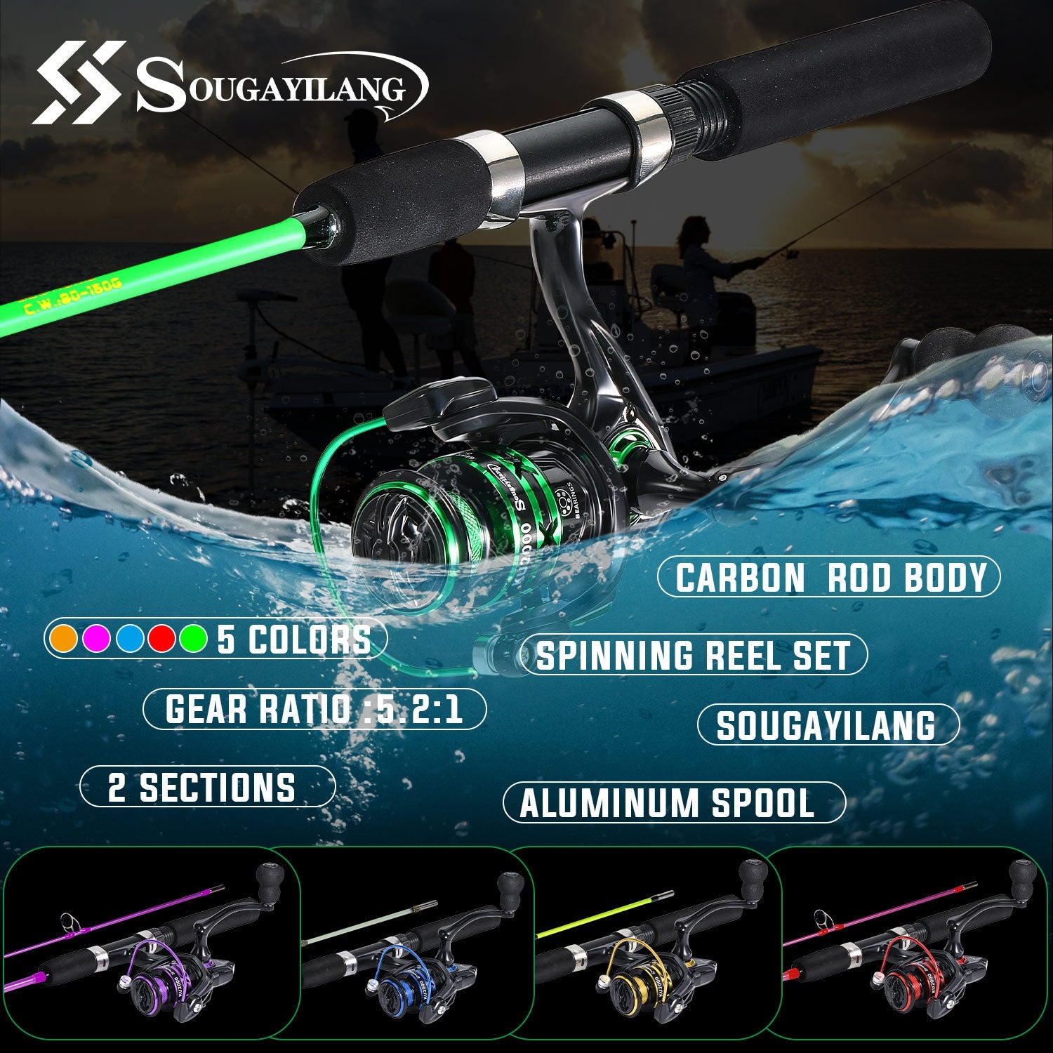 [1.8M/2.1M Fishing Combo] Sougayilang 1.8M/2.1M Fishing Rod & Reel Combo | Durable Resin, Ambidextrous, Moderate Action | 5.2:1 Drag Ratio Spincasting Set for Freshwater & Saltwater, Colorful Rods with Black Handles, Ergonomi