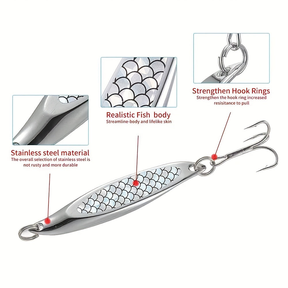 5pcs of Diagonal Cut Sequin Glitter Bait, Iron Plate Metal Sequin Bait with Three Hooks, Suitable for Shore Long-Distance Lure Hard Bait, Suitable for Bass, Trout, Etc, Bass Fishing, Fishing Lures, Spectacular Color, Action P