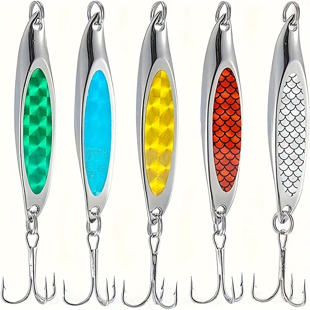5pcs of Diagonal Cut Sequin Glitter Bait, Iron Plate Metal Sequin Bait with Three Hooks, Suitable for Shore Long-Distance Lure Hard Bait, Suitable for Bass, Trout, Etc, Bass Fishing, Fishing Lures, Spectacular Color, Action P