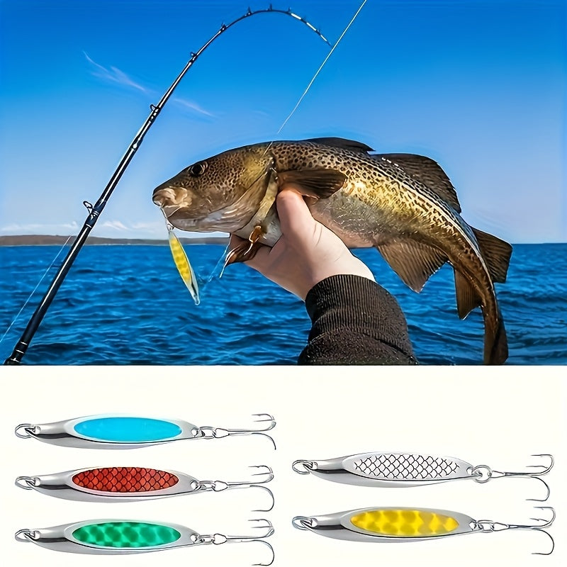 5pcs of Diagonal Cut Sequin Glitter Bait, Iron Plate Metal Sequin Bait with Three Hooks, Suitable for Shore Long-Distance Lure Hard Bait, Suitable for Bass, Trout, Etc, Bass Fishing, Fishing Lures, Spectacular Color, Action P