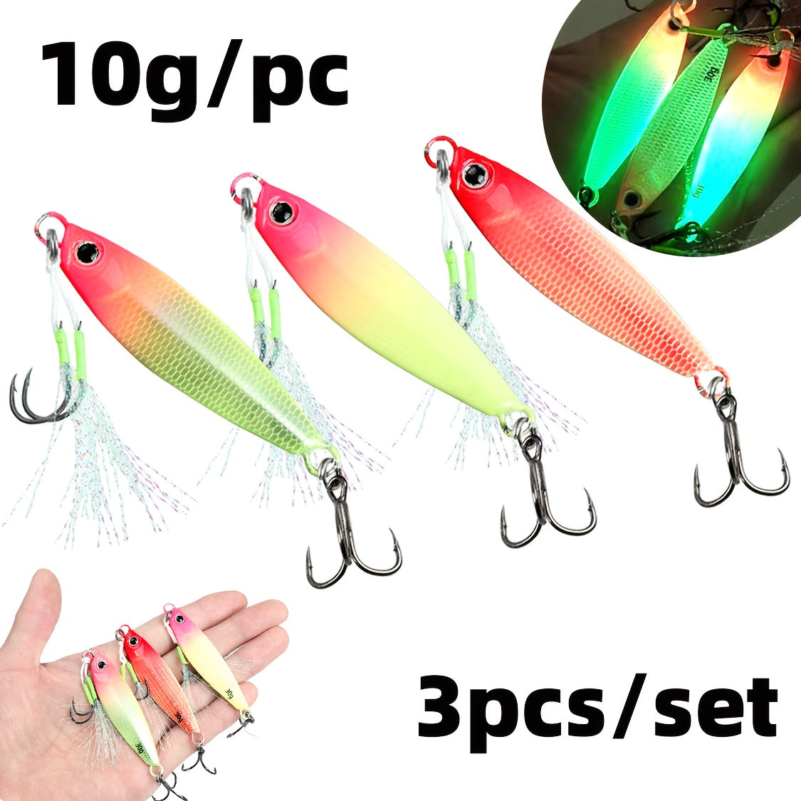 1set Glow-in-the-Dark Metal Jig Mixed Color Set, Saltwater Freshwater Fishing Bait with Realistic Scales and Silicone Skirt, Suitable for Night Fishing, Saltwater, Freshwater Bass, etc