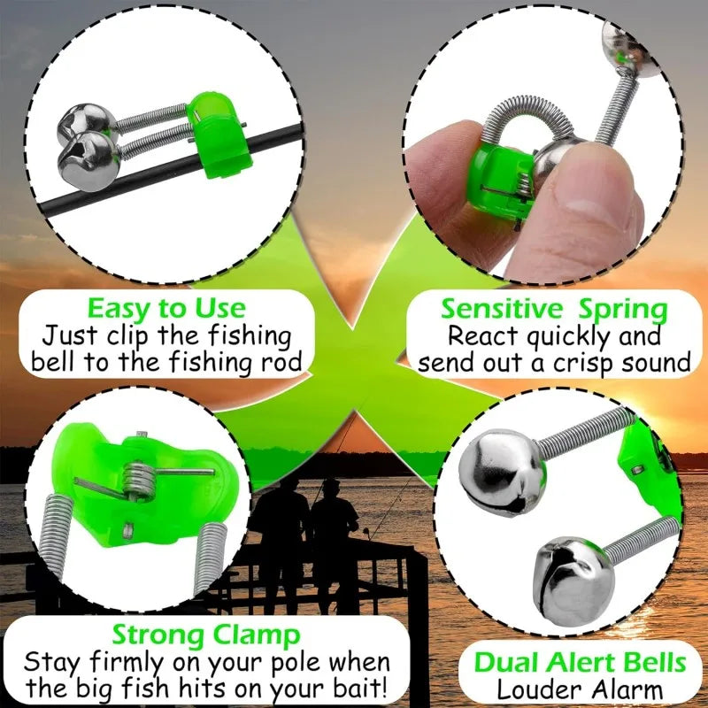 Plastic Fishing Bells Clips Night Fishing Rod Fish Bite Bait Alarm Indicator with Dual Alert Bells Outdoor Fishing Rod Tip Clips