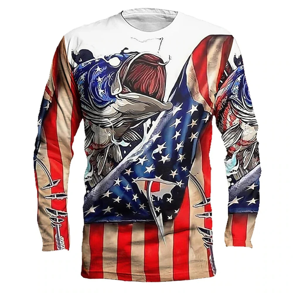 Men's outdoor fishing T-shirt, long sleeved shirt, 3D underwater fish pattern, casual and fashionable, round neck