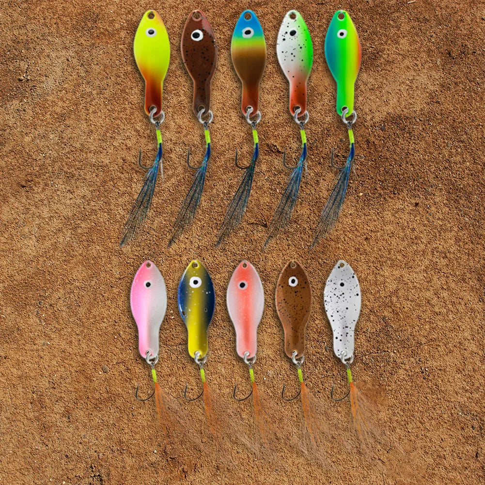 10Pcs Metal Blade Fishing Lures 360 Degree Rotating Crank Spinner Baits Feather Tail Spinner Spoon Hard Bait Fishing Accessories
