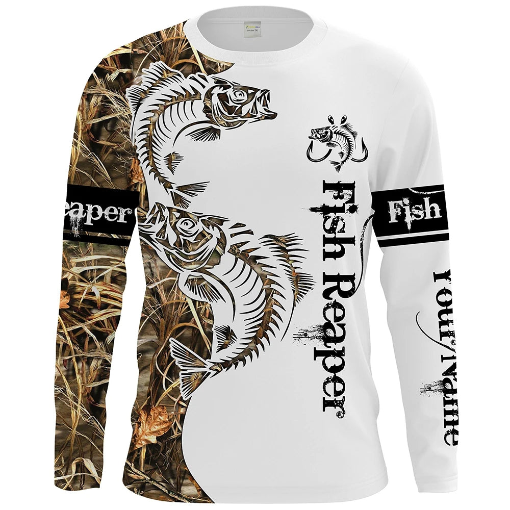 Men's outdoor fishing T-shirt, long sleeved shirt, 3D underwater fish pattern, casual and fashionable, round neck