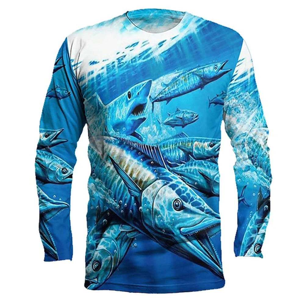 Men's outdoor fishing T-shirt, long sleeved shirt, 3D underwater fish pattern, casual and fashionable, round neck