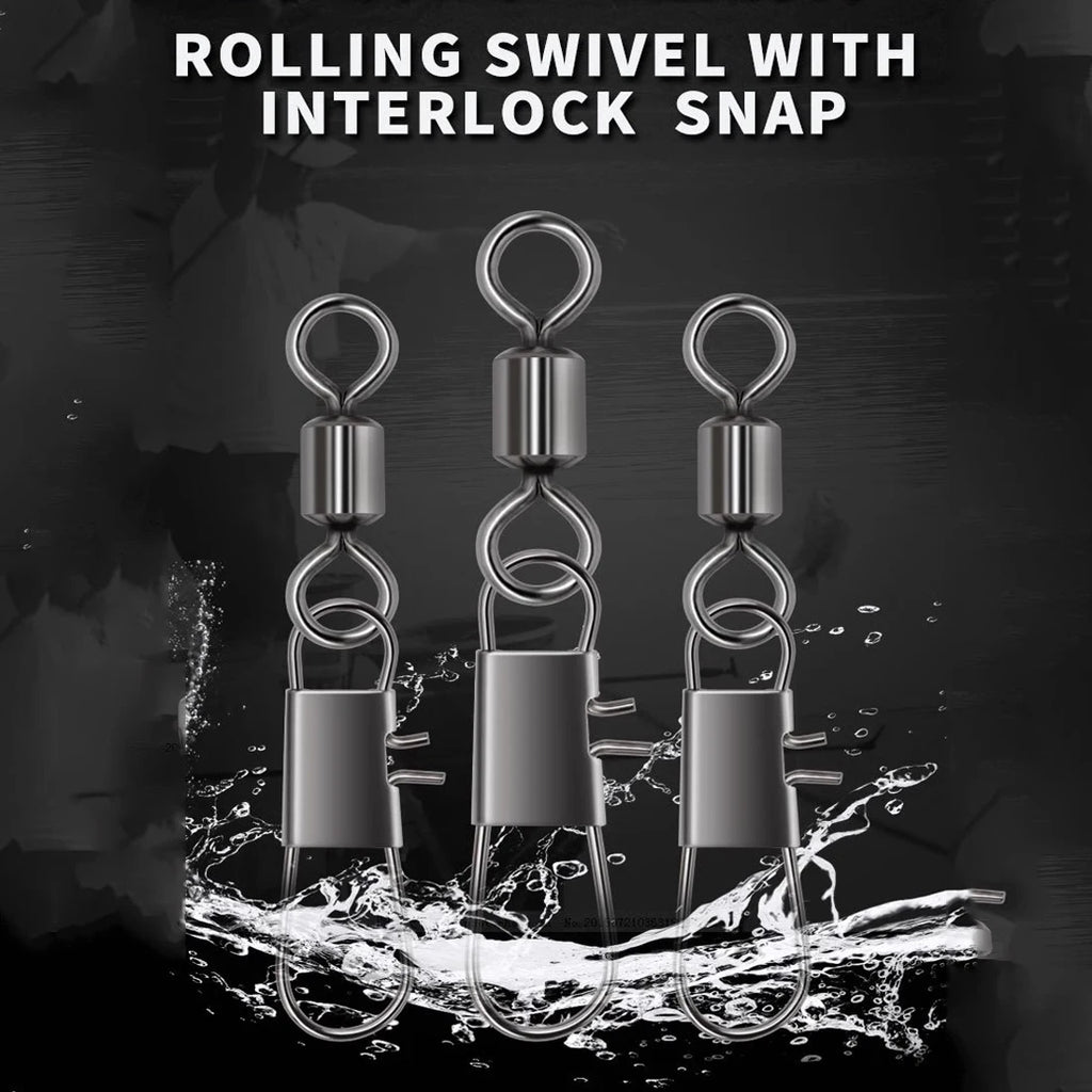 FishTrip Fishing Swivel Snap Interlock Snap with Rolling Swivel 50 100Pack Stainless Steel Cross Lock Snap Sea Fishing Connector