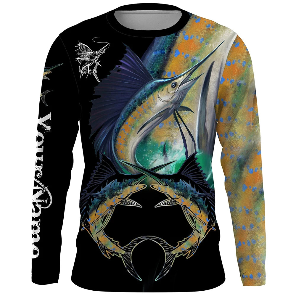 Men's outdoor fishing T-shirt, long sleeved shirt, 3D underwater fish pattern, casual and fashionable, round neck