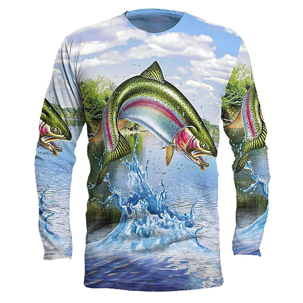 Men's outdoor fishing T-shirt, long sleeved shirt, 3D underwater fish pattern, casual and fashionable, round neck