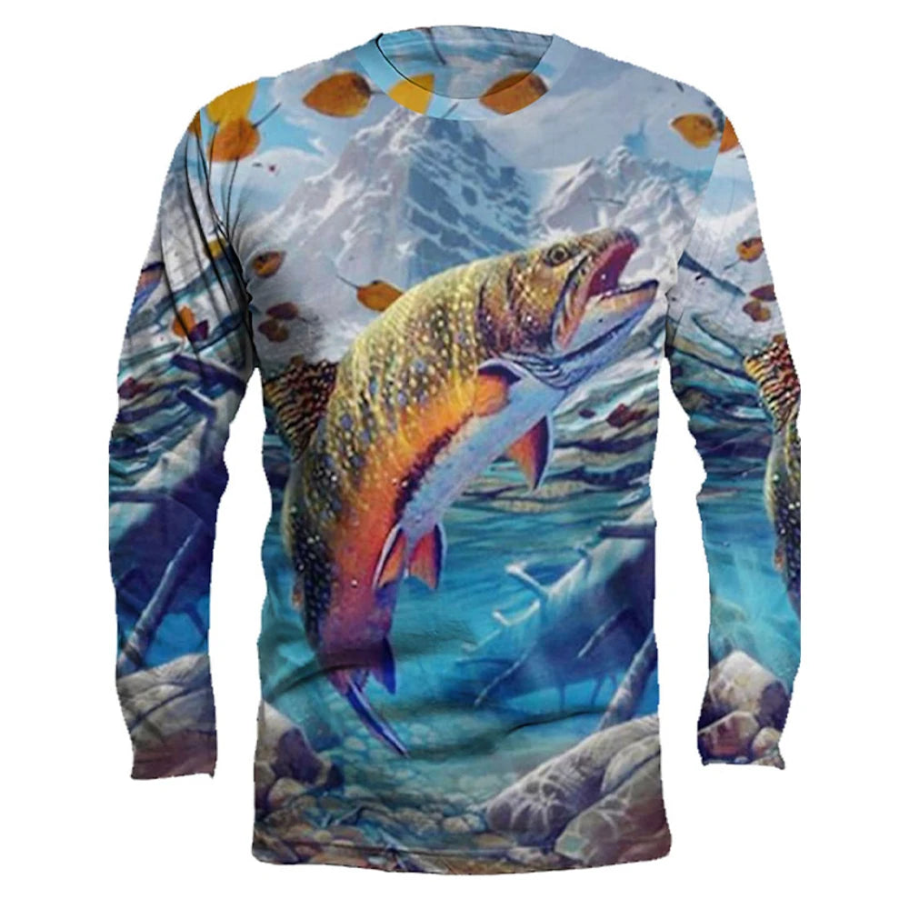 Men's outdoor fishing T-shirt, long sleeved shirt, 3D underwater fish pattern, casual and fashionable, round neck