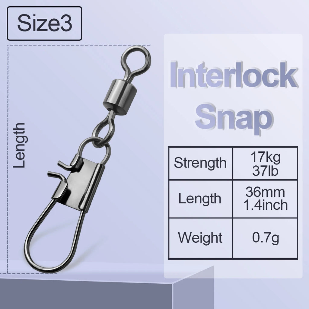 FishTrip Fishing Swivel Snap Interlock Snap with Rolling Swivel 50 100Pack Stainless Steel Cross Lock Snap Sea Fishing Connector