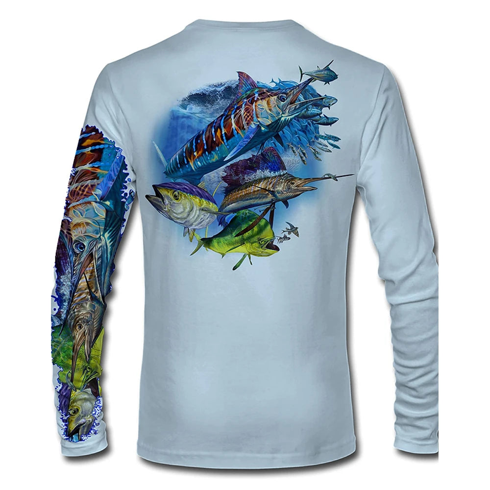 Men's outdoor fishing T-shirt, long sleeved shirt, 3D underwater fish pattern, casual and fashionable, round neck