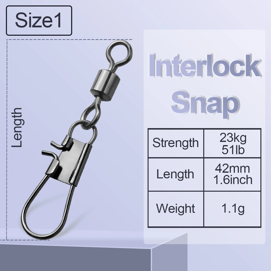 FishTrip Fishing Swivel Snap Interlock Snap with Rolling Swivel 50 100Pack Stainless Steel Cross Lock Snap Sea Fishing Connector