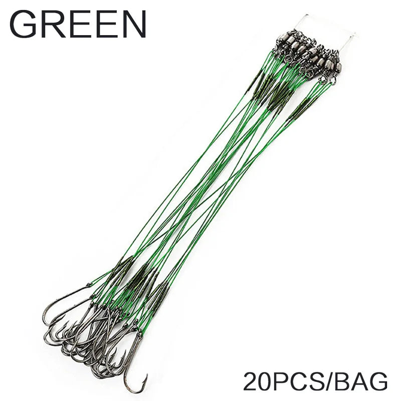 FLYSAND Anti Bite Steel Fishing Line Steel Wire Leader WIth #1 Hook With Swivel 50LB 20Pcs/Bag 3 Colors Fishing Tackle Gear