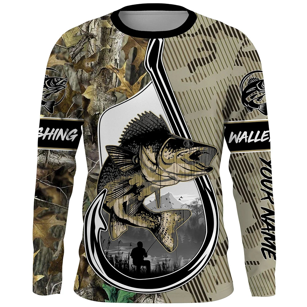 Men's outdoor fishing T-shirt, long sleeved shirt, 3D underwater fish pattern, casual and fashionable, round neck
