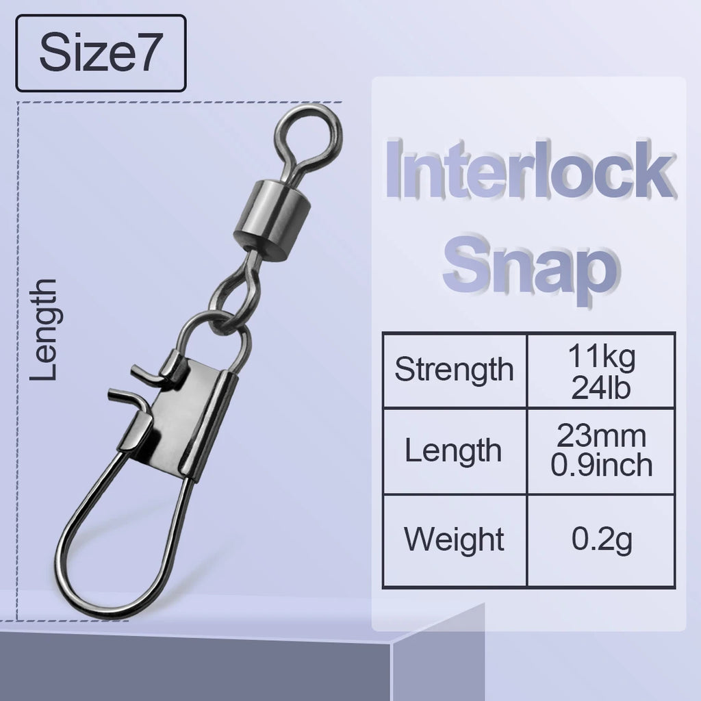 FishTrip Fishing Swivel Snap Interlock Snap with Rolling Swivel 50 100Pack Stainless Steel Cross Lock Snap Sea Fishing Connector