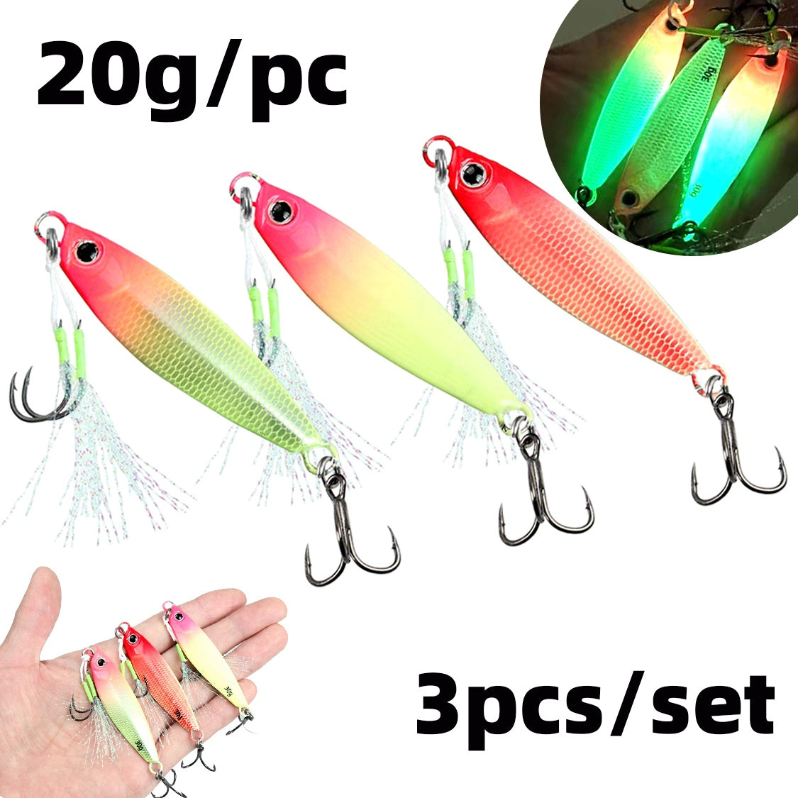 1set Glow-in-the-Dark Metal Jig Mixed Color Set, Saltwater Freshwater Fishing Bait with Realistic Scales and Silicone Skirt, Suitable for Night Fishing, Saltwater, Freshwater Bass, etc