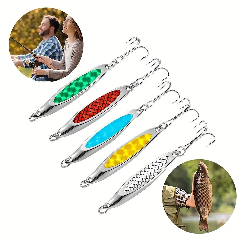 5pcs of Diagonal Cut Sequin Glitter Bait, Iron Plate Metal Sequin Bait with Three Hooks, Suitable for Shore Long-Distance Lure Hard Bait, Suitable for Bass, Trout, Etc, Bass Fishing, Fishing Lures, Spectacular Color, Action P