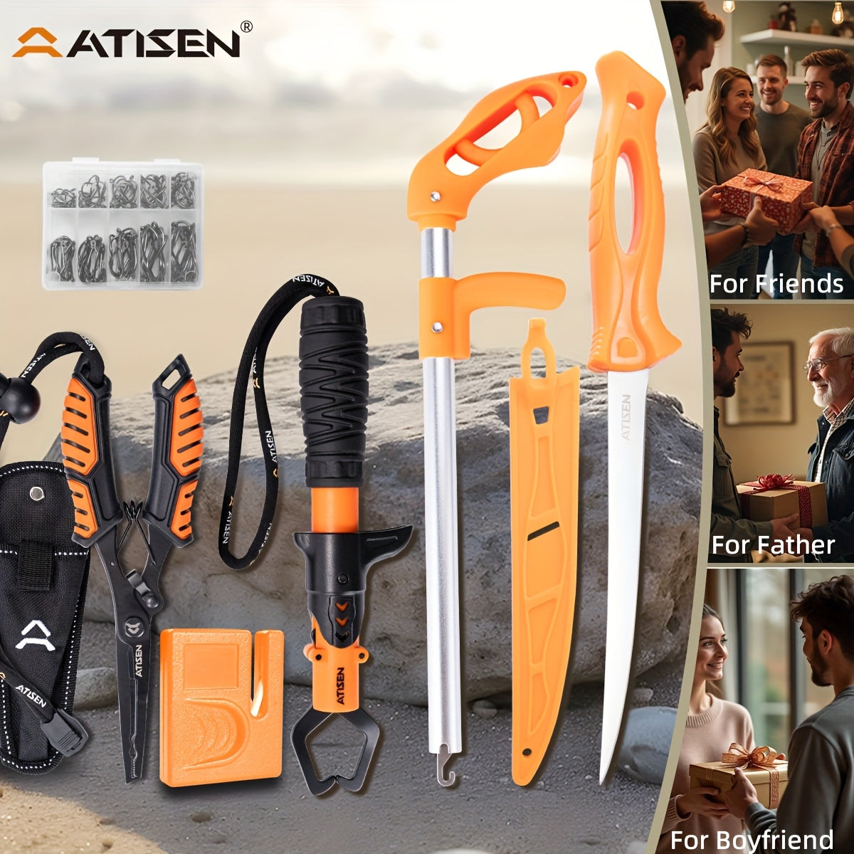 ATISEN Pro Stainless Steel Fishing Fillet Knife Set, Fish Lip Gripper, Perfect for Filleting, Boning, Frozen Bait, Perfect Valentine's & Christmas Gifts, Fishing Gear, Fishing Accessories, Fishing Knife, Fishing Scale Removal